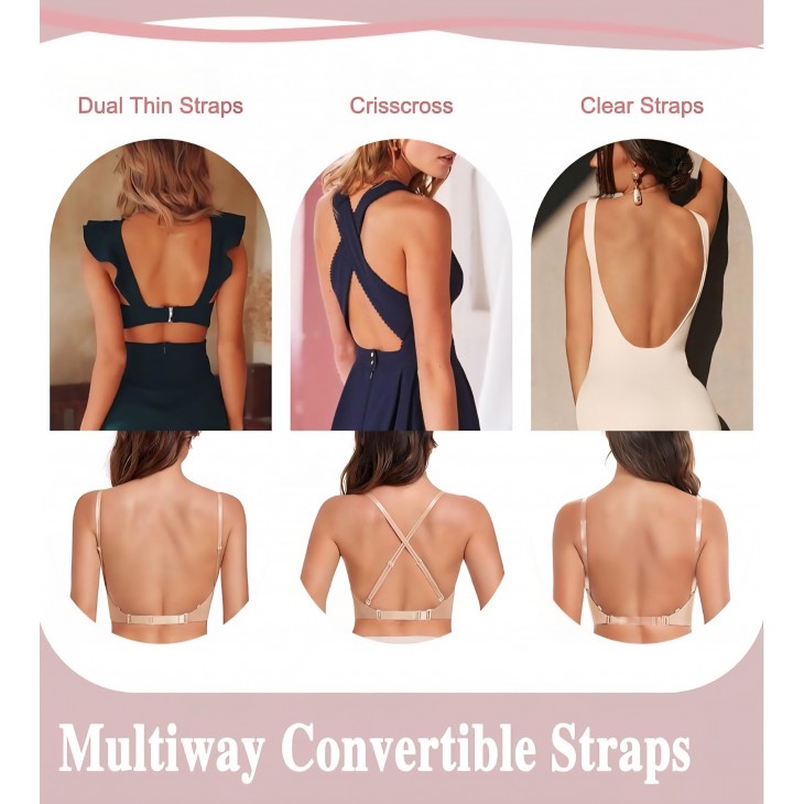 Sutien cu decolteu adanc, Lemorosy Backless L02, push-up cu armatura, spate gol, bretele multifuncționale pentru rochii elegante, marime 75B, Bej