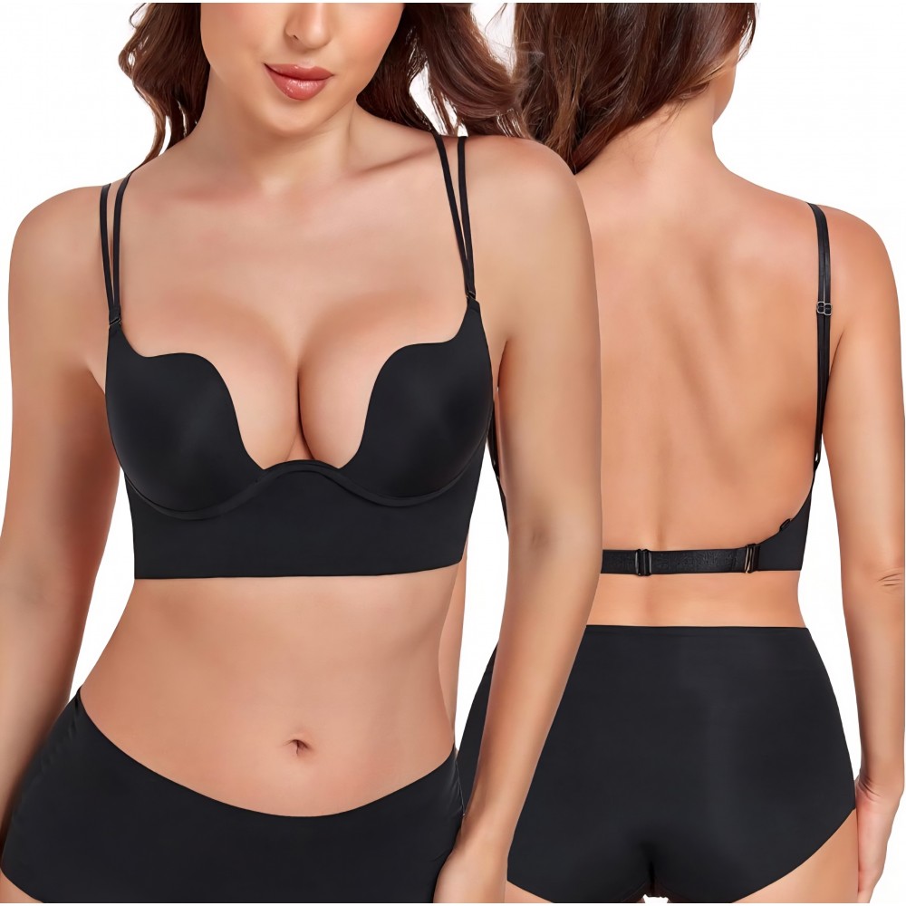 Sutien cu decolteu adanc, Lemorosy Backless L02, push-up cu armatura, spate gol, bretele multifuncționale pentru rochii elegante, marime 80B, Negru