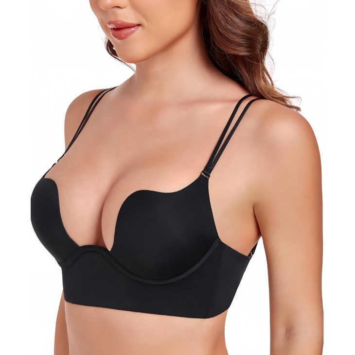 Sutien cu decolteu adanc, Lemorosy Backless L02, push-up cu armatura, spate gol, bretele multifuncționale pentru rochii elegante, marime 80B, Negru