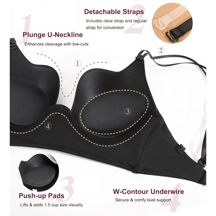 Sutien cu decolteu adanc, Lemorosy Backless L02, push-up cu armatura, spate gol, bretele multifuncționale pentru rochii elegante, marime 80B, Negru
