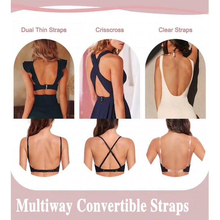 Sutien cu decolteu adanc, Lemorosy Backless L02, push-up cu armatura, spate gol, bretele multifuncționale pentru rochii elegante, marime 80B, Negru