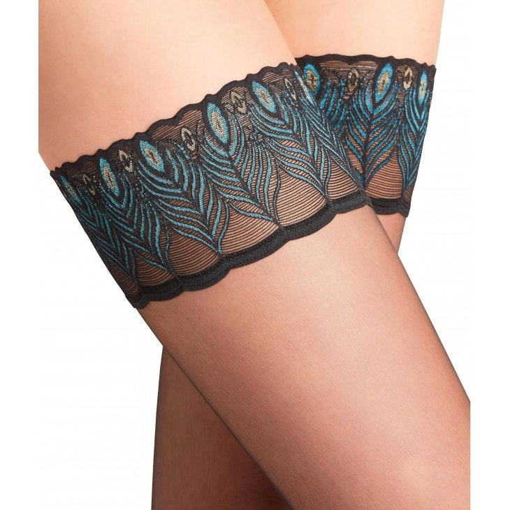 Ciorapi dama cu banda stay-up, Falke Lunelle, Peacock 8 DEN, ultra transparente, Efect Light Shimmer, banda silicon antialunecare, material fin, rezistent la rupere, marimea M, numar picior 38-39, inaltime 154-167 cm, greutate 49-63 kg, banda multicolora