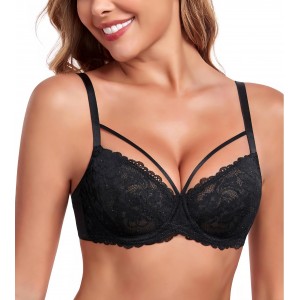 Sutien push-up cu armatura, Lemorosy Backless L03, sustinere puternica, dantela florala, marime 75C, Negru