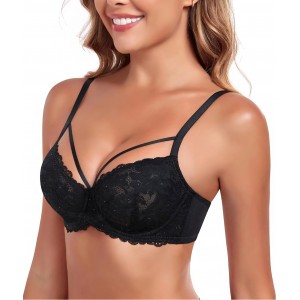 Sutien push-up cu armatura, Lemorosy Backless L03, sustinere puternica, dantela florala, marime 80B, Negru