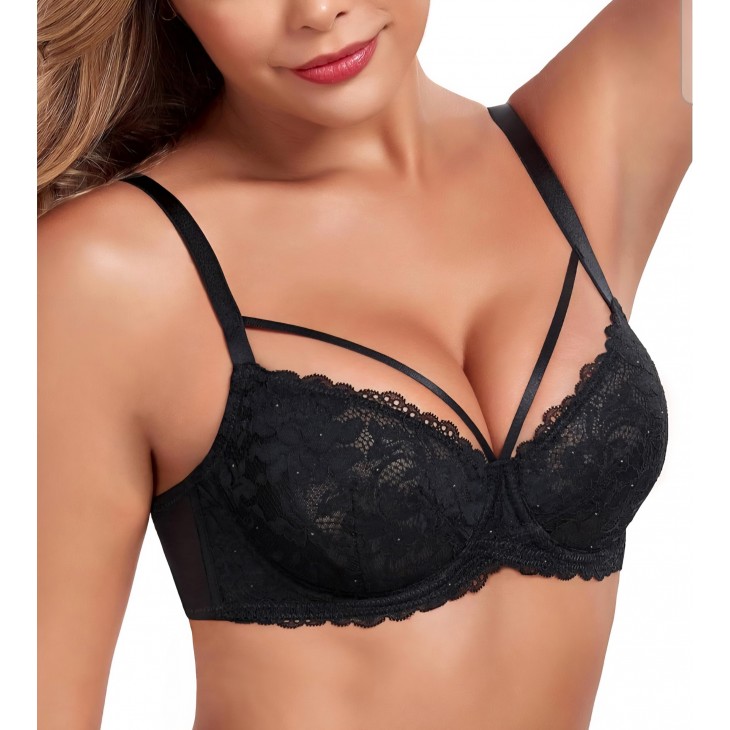 Sutien push-up cu armatura, Lemorosy Backless L03, sustinere puternica, dantela florala, marime 75C, Negru