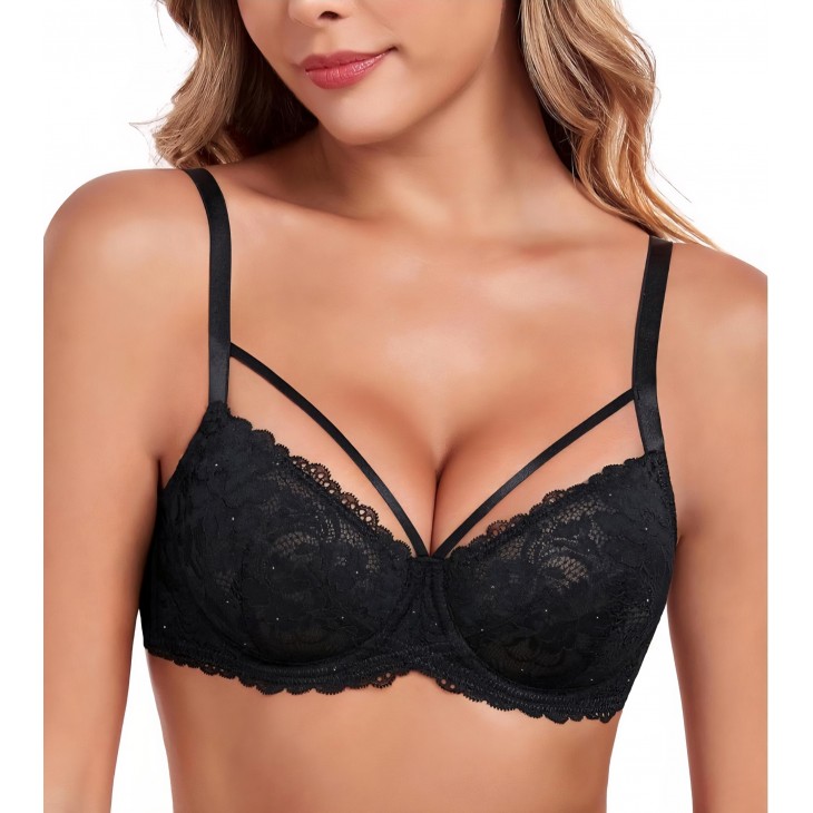 Sutien push-up cu armatura, Lemorosy Backless L03, sustinere puternica, dantela florala, marime 75C, Negru