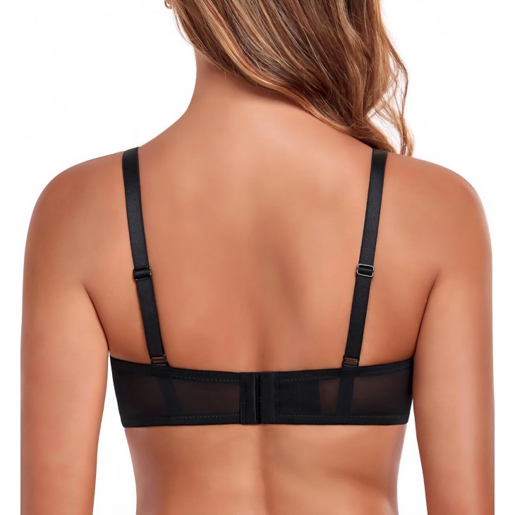 Sutien push-up cu armatura, Lemorosy Backless L03, sustinere puternica, dantela florala, marime 75C, Negru