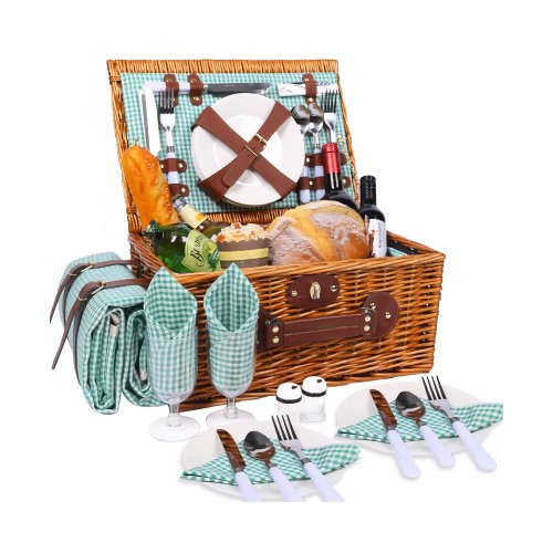 Cos picnic handmade din rachita, Willow Weave GC-02,  4 persoane, compartiment termoizolant, patura impermeabila inclusa, set tacamuri complet, curea detasabila, ideal camping, plaja, drumetii, BBQ, cadou familie