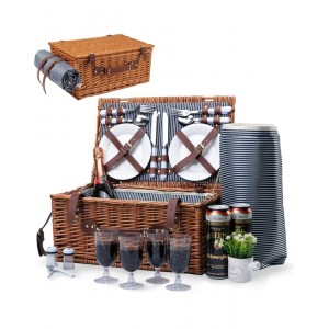 Cos picnic handmade din rachita, Willow Weave GC-03,  4 persoane, compartiment termoizolant, patura impermeabila, set tacamuri Inclus, design elegant maro, ideal camping si iarba verde, albastru cu alb