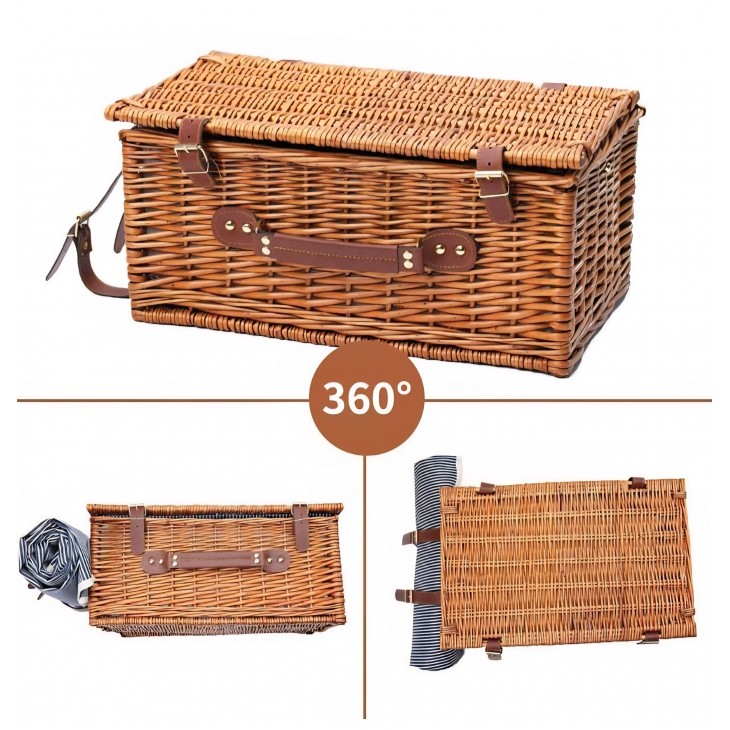 Cos picnic handmade din rachita, Willow Weave GC-03,  4 persoane, compartiment termoizolant, patura impermeabila, set tacamuri Inclus, design elegant maro, ideal camping si iarba verde, albastru cu alb