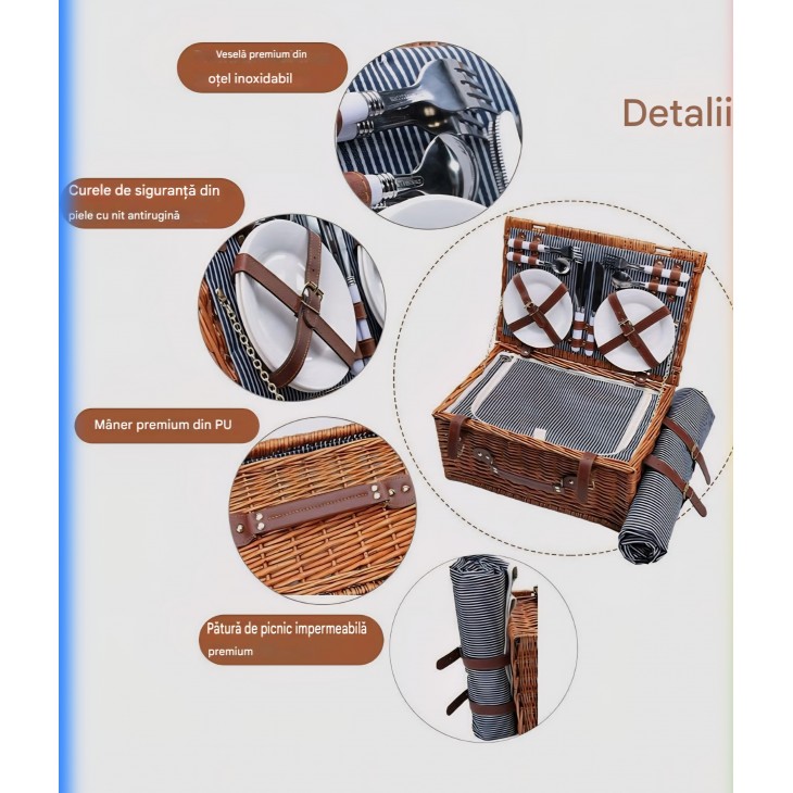 Cos picnic handmade din rachita, Willow Weave GC-03,  4 persoane, compartiment termoizolant, patura impermeabila, set tacamuri Inclus, design elegant maro, ideal camping si iarba verde, albastru cu alb