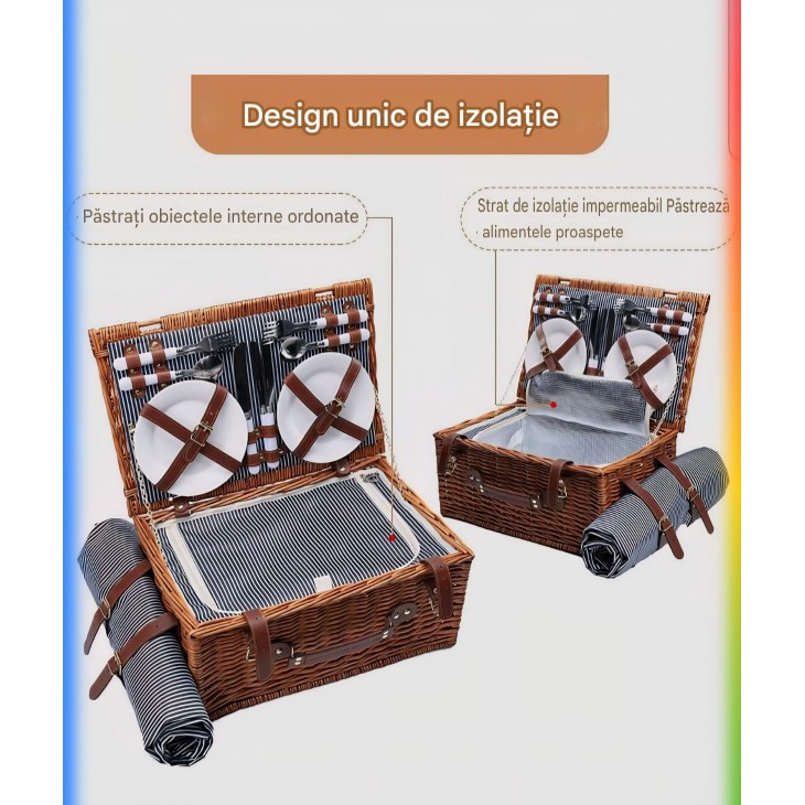 Cos picnic handmade din rachita, Willow Weave GC-03,  4 persoane, compartiment termoizolant, patura impermeabila, set tacamuri Inclus, design elegant maro, ideal camping si iarba verde, albastru cu alb