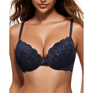 Sutien Push-Up, Wingslove WL01, dantela florala, efect de marire, sustinere cu armatura , confort, look feminin si seducator, marime 75C, albastru navy