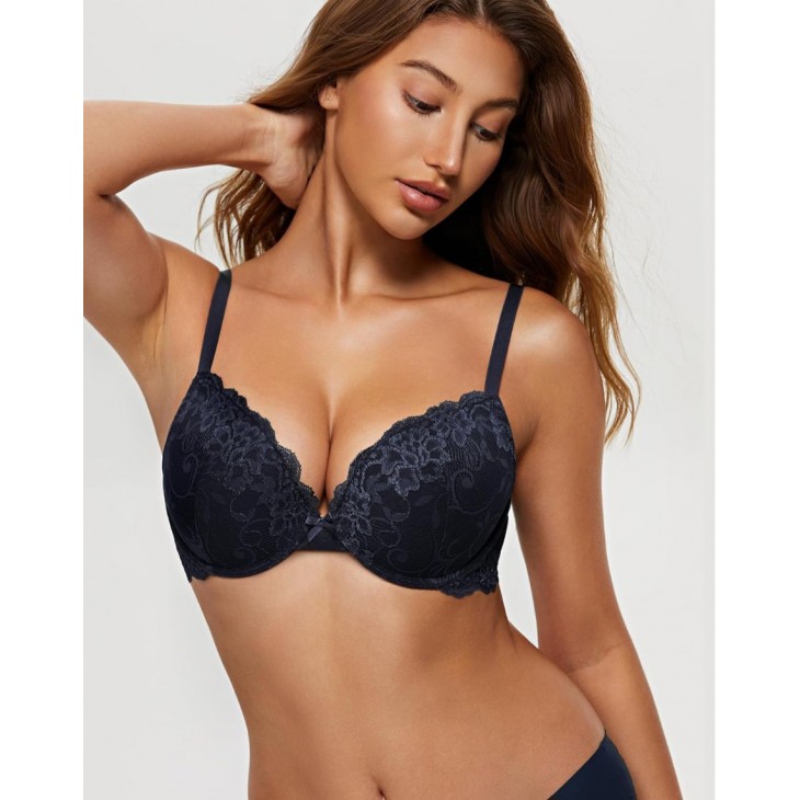 Sutien Push-Up, Wingslove WL01, dantela florala, efect de marire, sustinere cu armatura , confort, look feminin si seducator, marime 75C, albastru navy