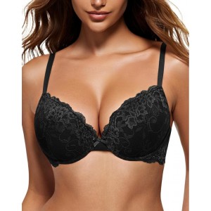 Sutien Push-Up, Wingslove WL01, dantela florala, efect de marire, sustinere cu armatura , confort, look feminin si seducator, marime 75C, negru