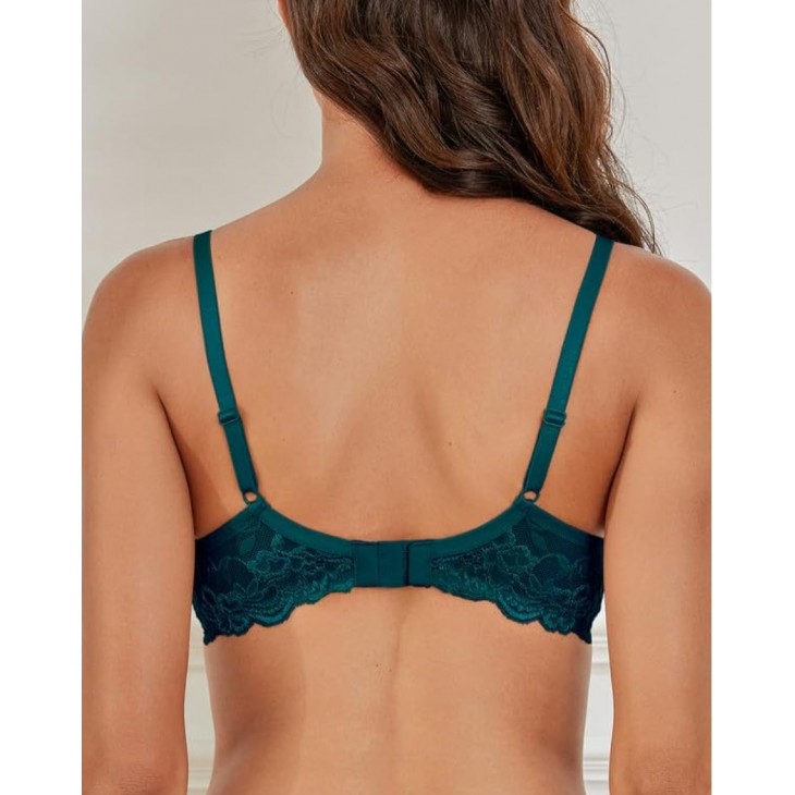 Sutien Push-Up, Wingslove WL01, dantela florala, efect de marire, sustinere cu armatura , confort, look feminin si seducator, marime 75C, verde inchis