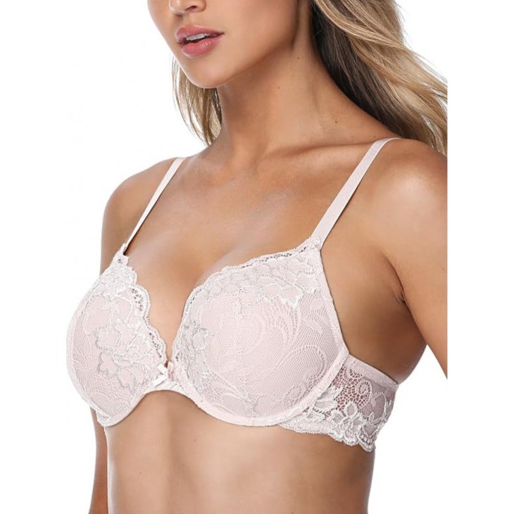 Sutien Push-Up, Wingslove WL01, dantela florala, efect de marire, sustinere cu armatura , confort, look feminin si seducator, marime 75C, roz deschis