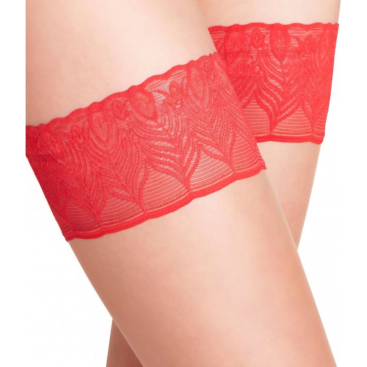 Ciorapi dama cu banda stay-up, Falke Lunelle, Peacock 8 DEN, ultra transparente, Efect Light Shimmer, banda silicon antialunecare, material fin, rezistent la rupere, marimea M, numar picior 38-39, inaltime 154-167 cm, greutate  49-63 kg, banda rosie