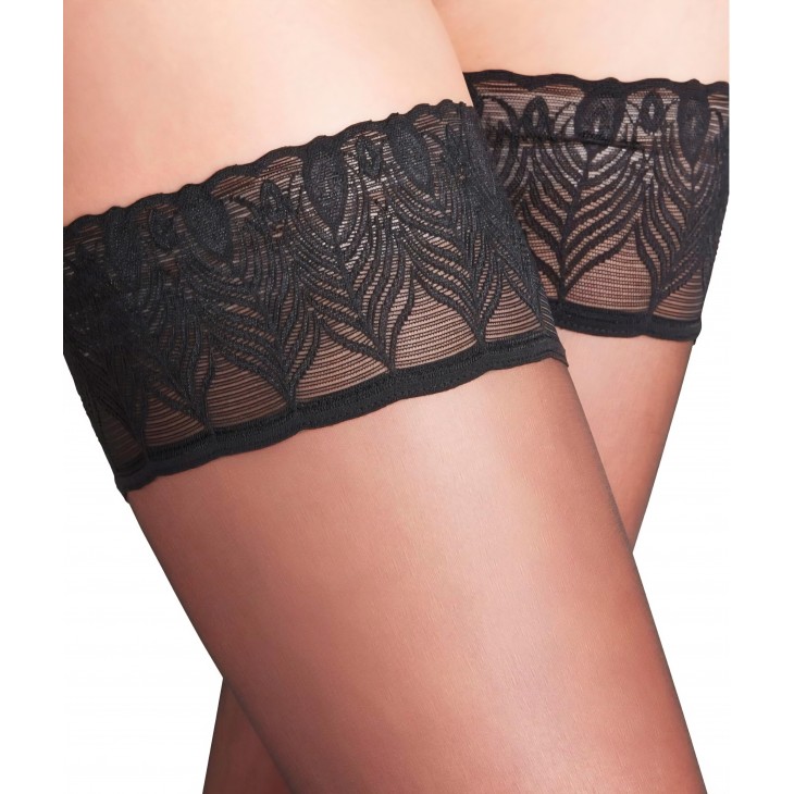 Ciorapi dama cu banda stay-up, Falke Lunelle, Peacock 8 DEN, ultra transparente, Efect Light Shimmer, banda silicon antialunecare, material fin, rezistent la rupere, marimea L, numar picior 40-41, inaltime 165-180 cm, greutate  59-79 kg, banda neagra