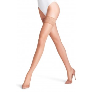 Ciorapi dama cu banda stay-up, Falke Lunelle, Peacock 8 DEN, ultra transparente, Efect Light Shimmer, banda silicon antialunecare, material fin, rezistent la rupere, marimea L, numar picior 40-41, inaltime 165-180 cm, greutate  59-79 kg, banda nude