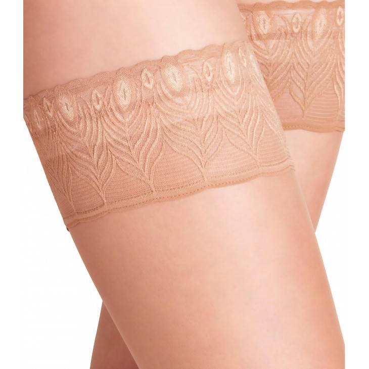 Ciorapi dama cu banda stay-up, Falke Lunelle, Peacock 8 DEN, ultra transparente, Efect Light Shimmer, banda silicon antialunecare, material fin, rezistent la rupere, marimea L, numar picior 40-41, inaltime 165-180 cm, greutate  59-79 kg, banda nude
