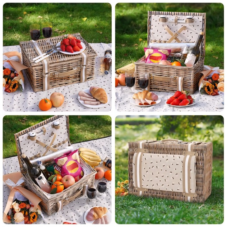 Cos de picnic premium din rachita pentru 2 persoane, Willow Weave CF-022, geanta termoizolanta mare, patura impermeabila ,ideal iesiri in aer liber