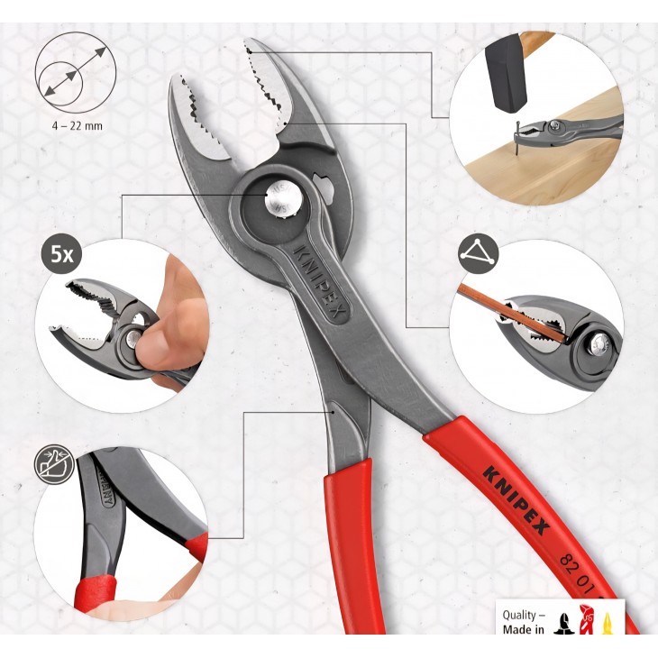Cleste profesional prindere frontala si laterala, Knipex TwinGrip 82 01 200, 200 mm, prindere pe suruburi uzate, dinti intariti, manere antiderapante, otel calit, original Germania