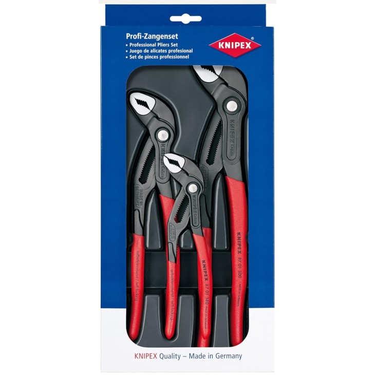 Set 3 clesti tip pompa apa profesional, Knipex Cobra-Paket 00 20 09 V02, 150–300 mm, efect autoblocant, reglaj rapid cu buton, otel calit, original Germania