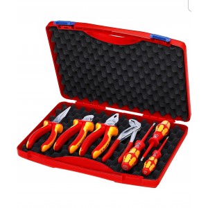 Set profesional scule electrician 7 piese in cutie, Knipex Red 00 21 15, 275 mm, unelte VDE izolate, organizare compacta, constructie robusta, original Germania