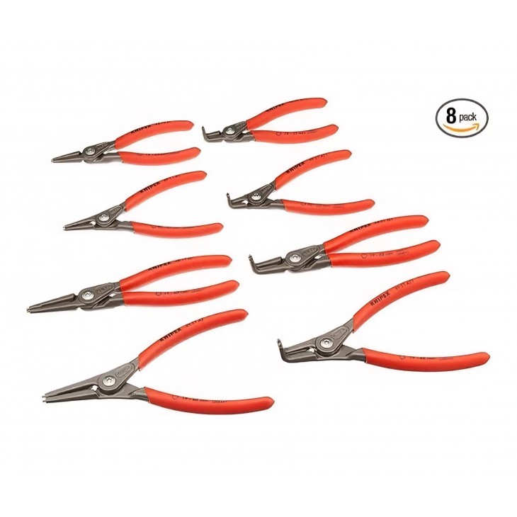 Set 8 clesti sigurante (circlip) de precizie KNIPEX 00 19 58 V02, negru/rosu/argintiu, trusa profesionala pentru inele elastice interioare si exterioare
