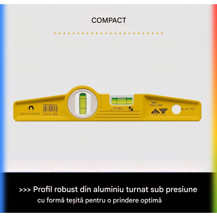 Nivela magnetica tip torpedo 25 cm STABILA Type 81 S REM, profil aluminiu turnat, magneti puternici Rare Earth, 1 fiola orizontala + 1 verticala