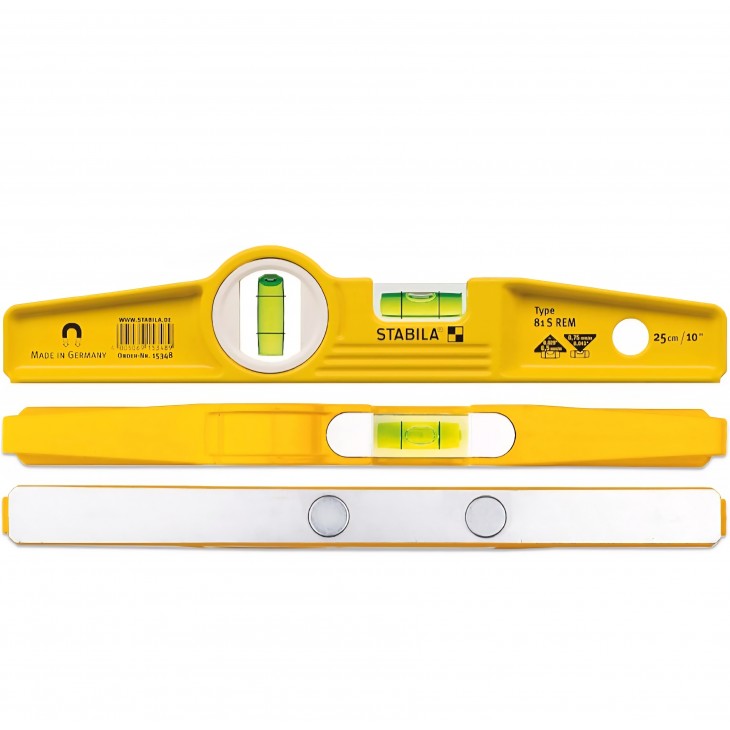 Nivela magnetica tip torpedo 25 cm STABILA Type 81 S REM, profil aluminiu turnat, magneti puternici Rare Earth, 1 fiola orizontala + 1 verticala