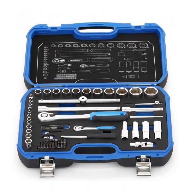 Trusa chei tubulare 69 piese GEDORE 1/4” + 1/2”, 2 clichete reversibile, set profesional cu biti si accesorii, cutie plastic rezistenta 
