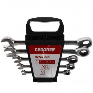 Set chei inelare cu clichet 5 piese GEDORE R07105005, 8–19 mm, mecanism 72 dinti, unghi 15°, otel crom-vanadiu, finisaj crom satinat