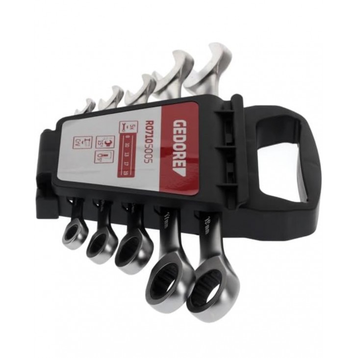 Set chei inelare cu clichet 5 piese GEDORE R07105005, 8–19 mm, mecanism 72 dinti, unghi 15°, otel crom-vanadiu, finisaj crom satinat