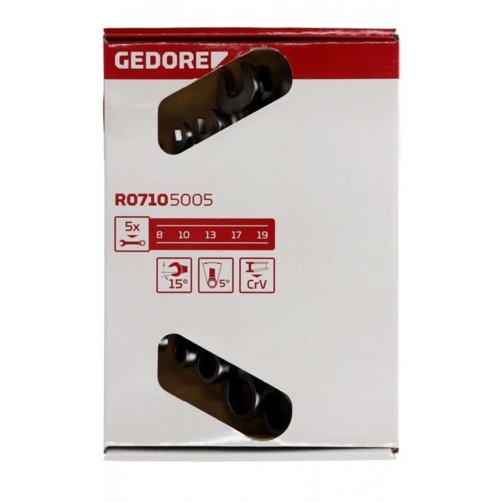 Set chei inelare cu clichet 5 piese GEDORE R07105005, 8–19 mm, mecanism 72 dinti, unghi 15°, otel crom-vanadiu, finisaj crom satinat