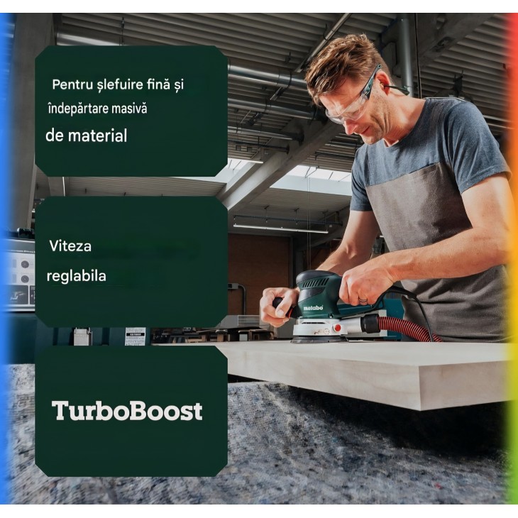 Slefuitor excentric 350W Metabo SXE 450 TurboTec 600129000, orbit reglabil Duo, TurboBoost, viteza variabila, talpa 150 mm, cablu 4 m