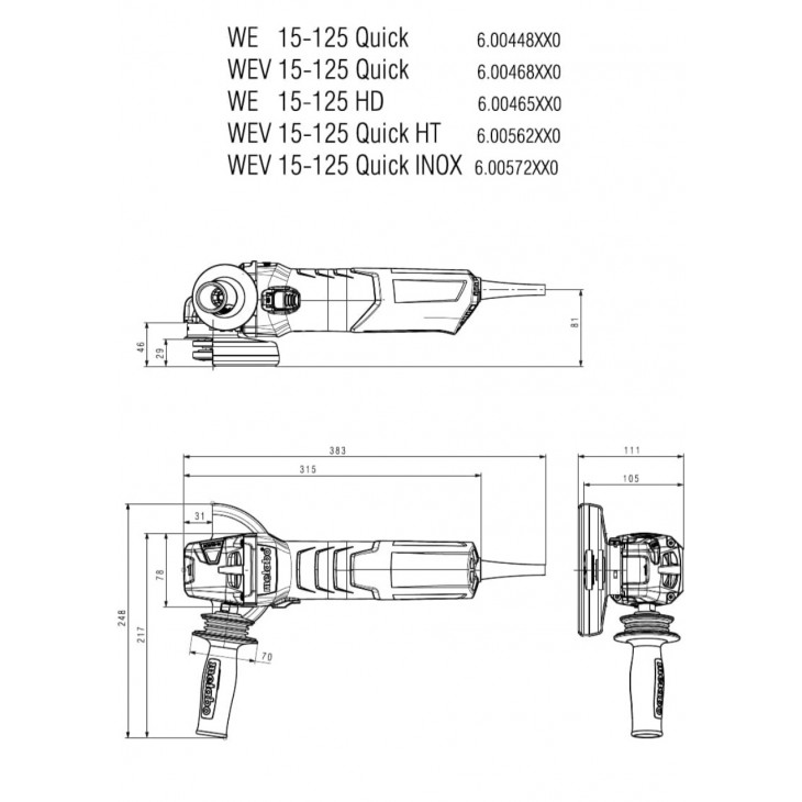 Polizor unghiular 1550W Metabo WEV 15-125 Quick 600468000, viteza variabila, schimbare rapida disc, motor Marathon, cablu 4 m