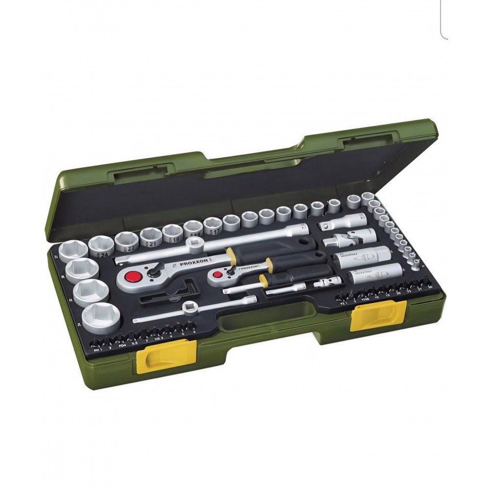 Trusa chei tubulare 65 piese, Proxxon 23286, 1/4” + 1/2”, 2 clichete baton, biti si accesorii, cutie compacta rezistenta