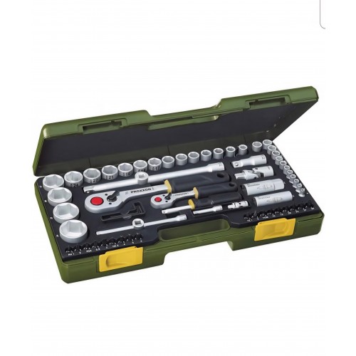 Trusa chei tubulare 65 piese, Proxxon 23286, 1/4” + 1/2”, 2 clichete baton, biti si accesorii, cutie compacta rezistenta