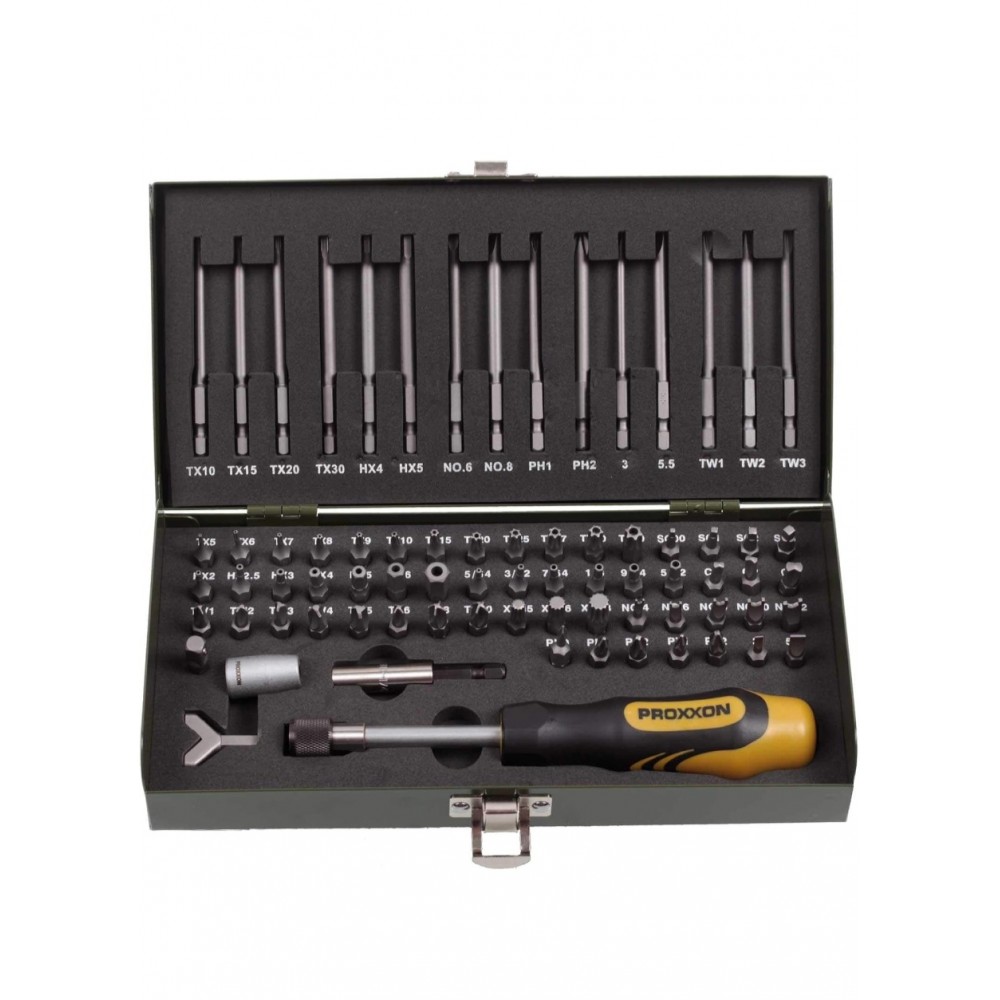 Set biti speciali 75 piese, Proxxon 23107, 1/4”, biti securitate si standard, lungimi 25 mm + 80 mm, cutie metalica rezistenta