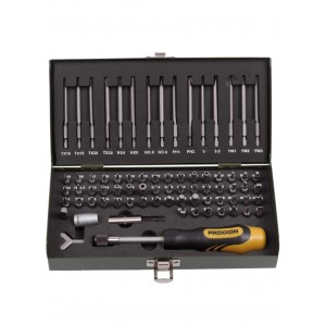 Set biti speciali 75 piese, Proxxon 23107, 1/4”, biti securitate si standard, lungimi 25 mm + 80 mm, cutie metalica rezistenta