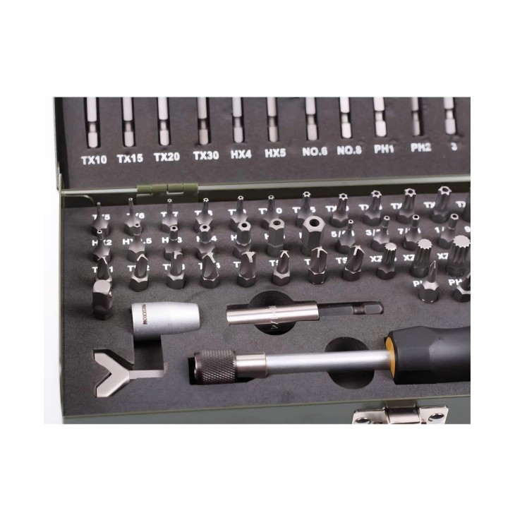 Set biti speciali 75 piese, Proxxon 23107, 1/4”, biti securitate si standard, lungimi 25 mm + 80 mm, cutie metalica rezistenta