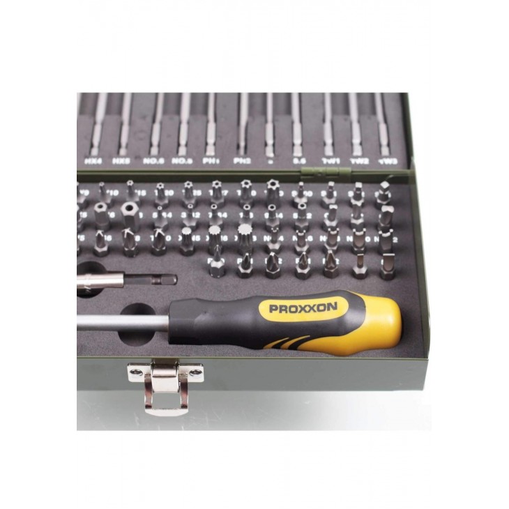Set biti speciali 75 piese, Proxxon 23107, 1/4”, biti securitate si standard, lungimi 25 mm + 80 mm, cutie metalica rezistenta