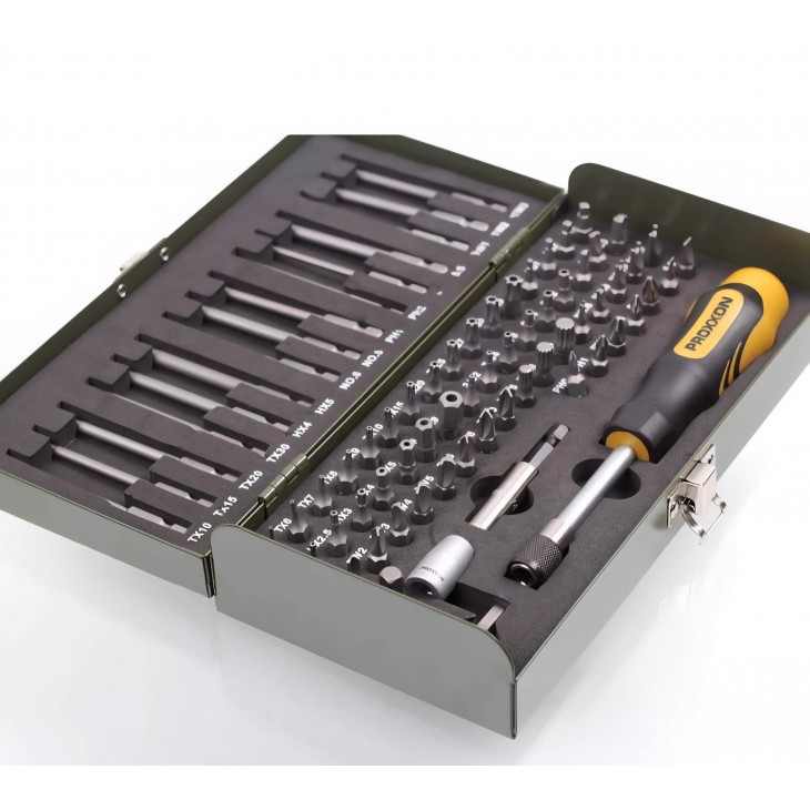Set biti speciali 75 piese, Proxxon 23107, 1/4”, biti securitate si standard, lungimi 25 mm + 80 mm, cutie metalica rezistenta