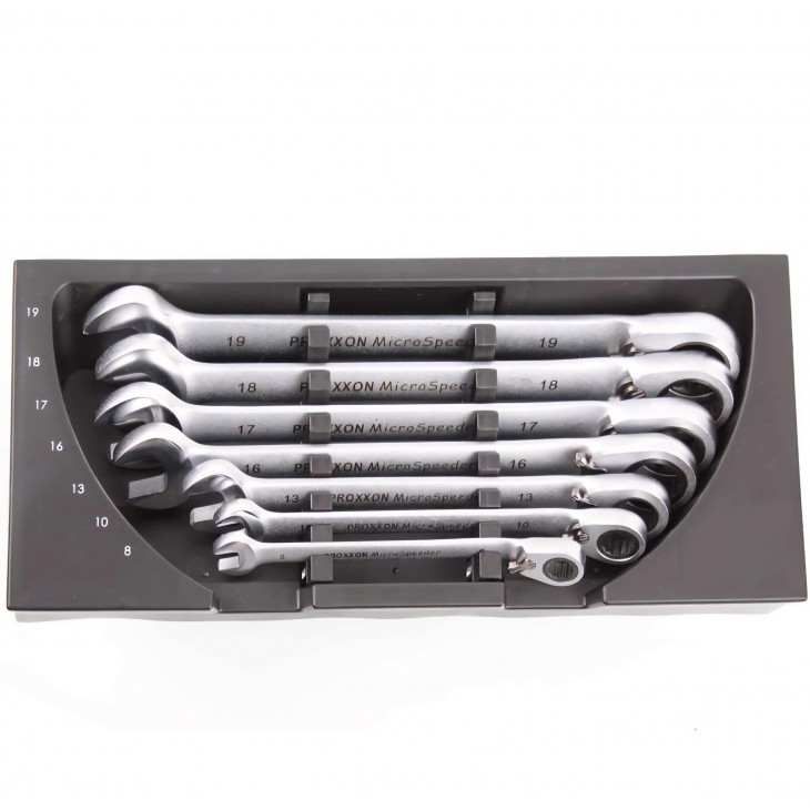 Set chei combinate cu clichet 7 piese Proxxon 23124 MicroSpeeder, 8–19 mm, mecanism 72 dinti, unghi 15°, levier inversare, cutie metalica