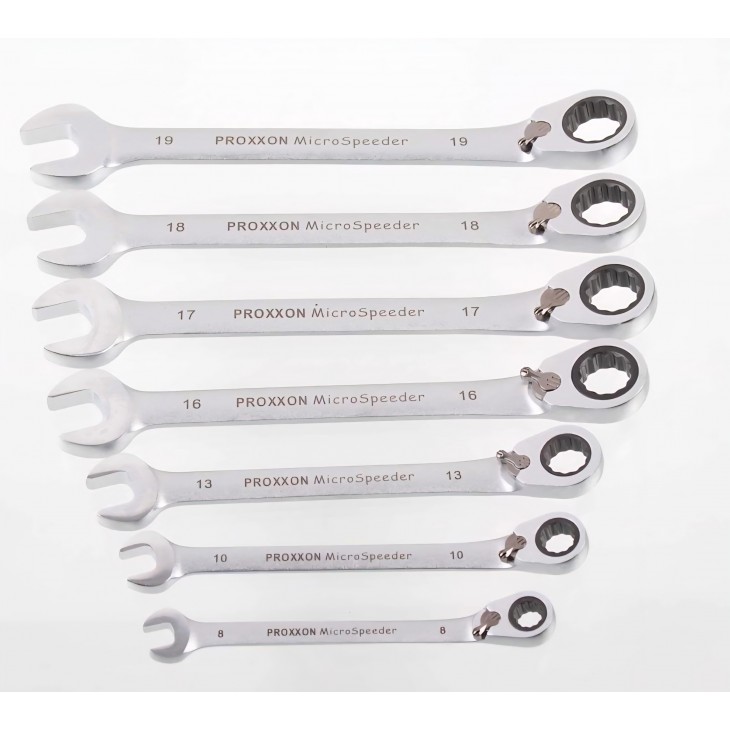 Set chei combinate cu clichet 7 piese Proxxon 23124 MicroSpeeder, 8–19 mm, mecanism 72 dinti, unghi 15°, levier inversare, cutie metalica