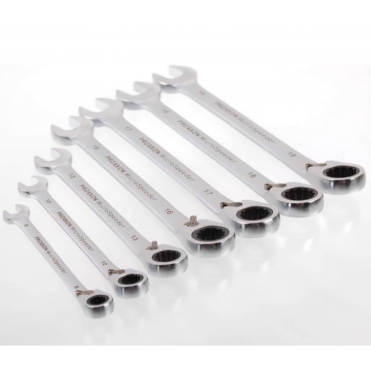 Set chei combinate cu clichet 7 piese Proxxon 23124 MicroSpeeder, 8–19 mm, mecanism 72 dinti, unghi 15°, levier inversare, cutie metalica