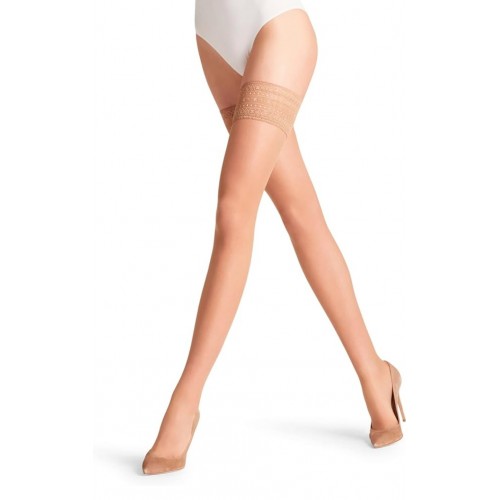 Ciorapi dama, Falke Silky Smooth 15 DEN, tip stay-up, transparenti luciosi, rezistenti la rupere, banda silicon antialunecare, material moale, marimea M, numar picior 38-39, inaltime 154-167 cm, greutate 49-63 kg, banda nude cu decoratiuni