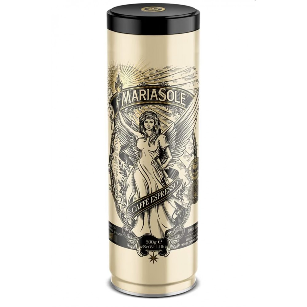 Cafea boabe Mariasole Caffè Espresso 500 g, cutie metalica premium, prajire traditionala pe foc de lemne in Sicilia, pentru espressoare automate si portafiltru